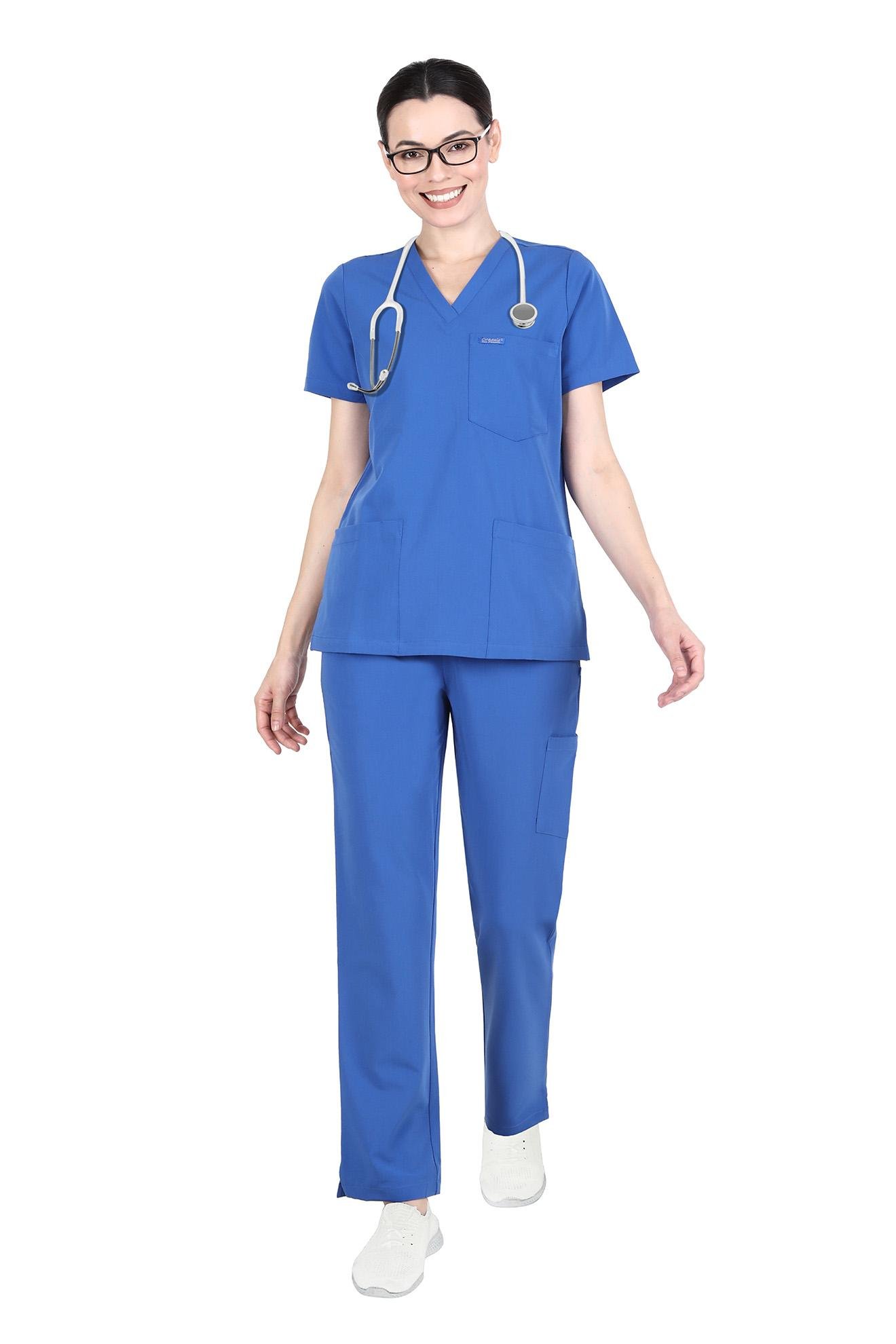 Unisex Set, V- Neck 7 Pocket Top & Cargo with 10 Pockets(Royal Blue)