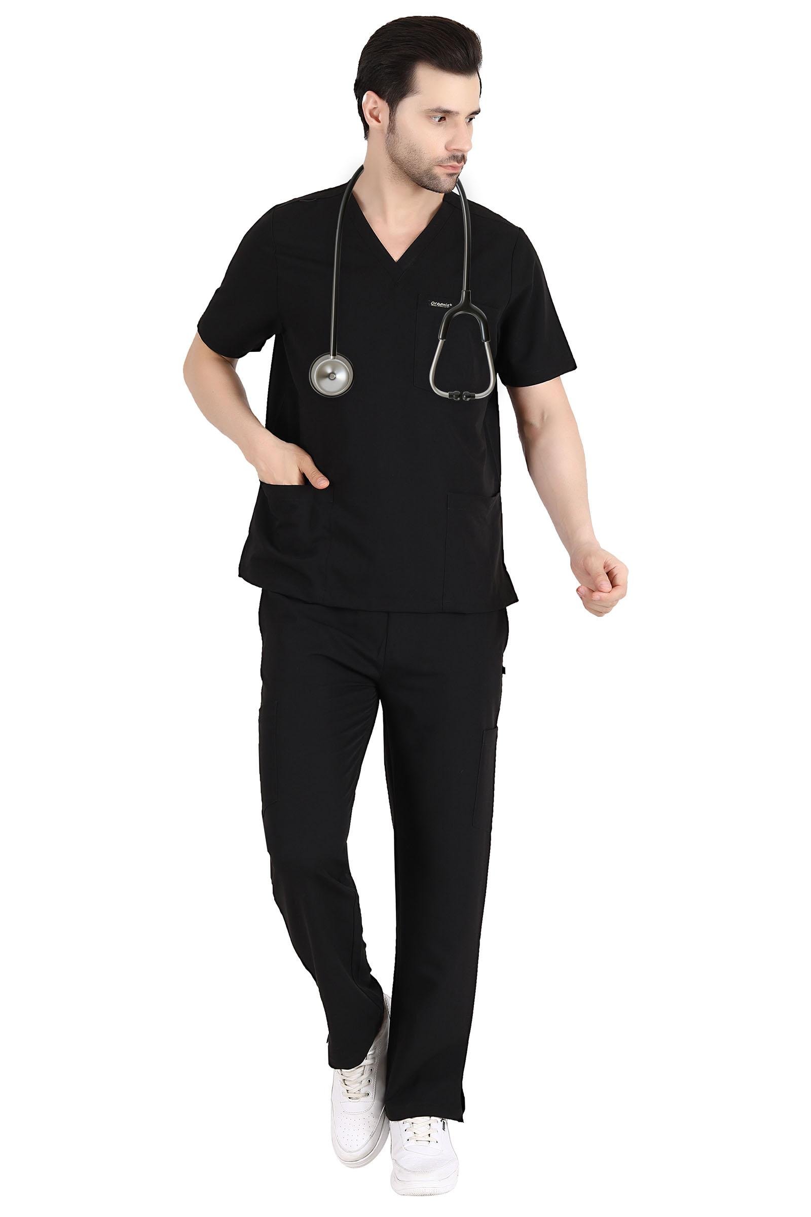 Unisex Set, V- Neck 7 Pocket Top & Cargo with 10 Pockets (Black)