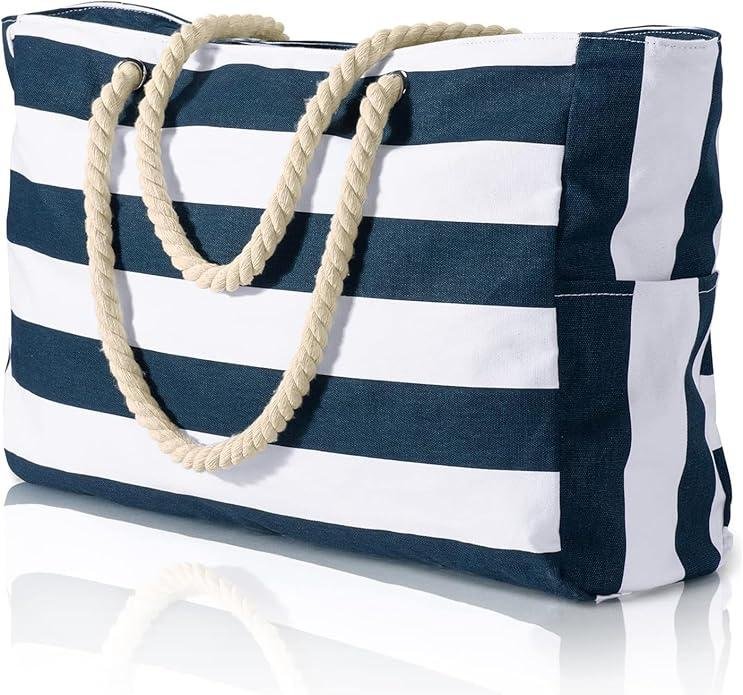 Organix 100% organic Cotton Canvas Beach Tote Bag for Women, Women's Large Canvas Tote Bag for Shopping, Shoulder Bag for Pool, Gym, Travel, Beach Bag (Blue - Stripe Pattern)