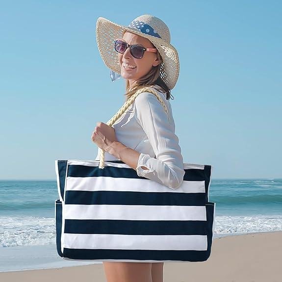 Organix 100% organic Cotton Canvas Beach Tote Bag for Women, Women's Large Canvas Tote Bag for Shopping, Shoulder Bag for Pool, Gym, Travel, Beach Bag (Blue - Stripe Pattern)