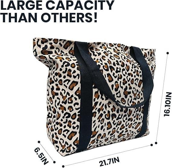Organix 100% Organic Cotton Canvas Beach Tote Bag for Women, Women's Large Canvas Tote Bag for Shopping, Shoulder Bag for Pool, Gym, Travel, Beach Bag (White Leopard Print)