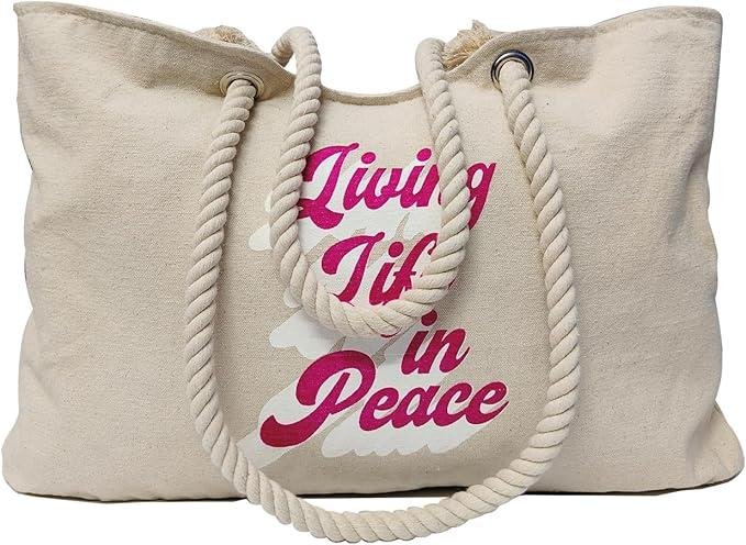 Organix 100% Organic Cotton Canvas Beach Tote Bag for Women, Women's Large Canvas Tote Bag for Shopping, Shoulder Bag for Pool, Gym, Travel, Beach Bag (Natural, Living In Peace)