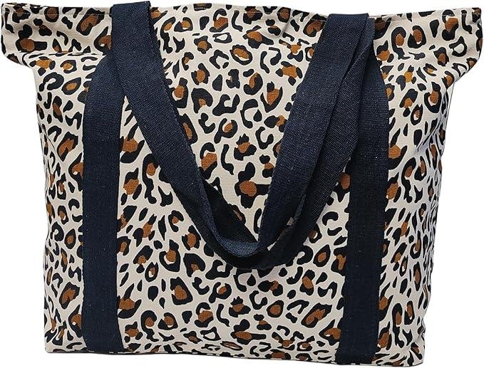 Organix 100% Organic Cotton Canvas Beach Tote Bag for Women, Women's Large Canvas Tote Bag for Shopping, Shoulder Bag for Pool, Gym, Travel, Beach Bag (Leopard Print)